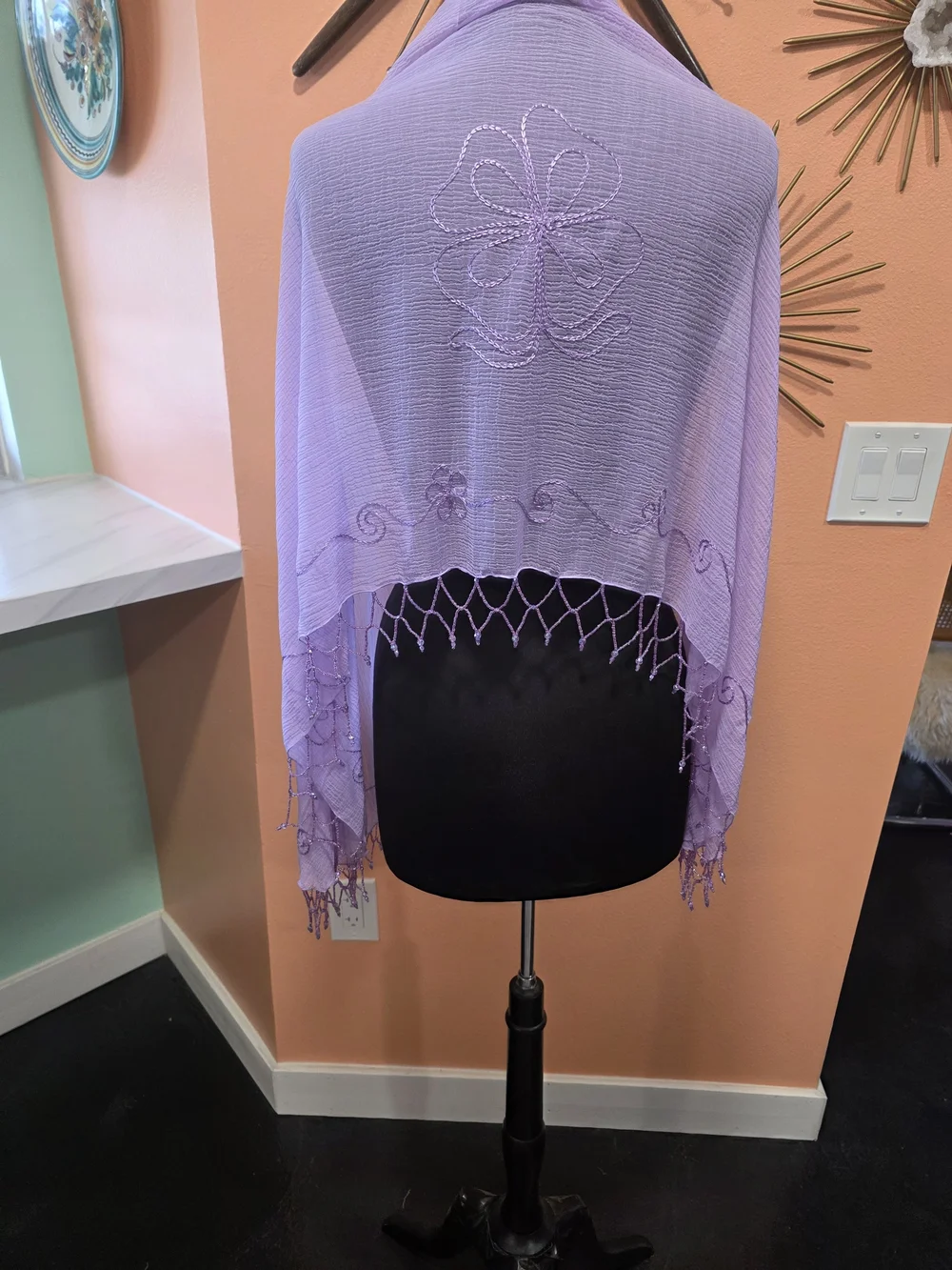 Vintage Y2K Sheer Shawl Lavender Embroidered Wrap Scarf Beaded Fringe